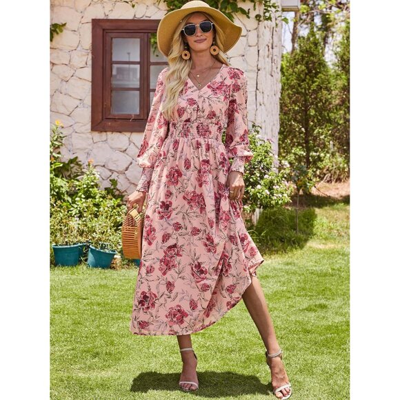 Women's Floral Maxi Dress Long Sleeve V Neck Boho Beach Party Wedding Casual - Picture 3 of 7